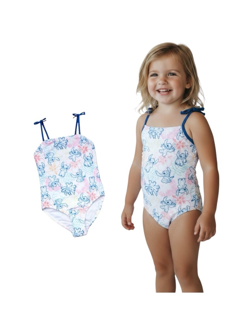 Disney Stitch Pink and Blue Design One-Piece Girls' Swimsuit Navy Tie Straps